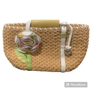 Y2k Brighton Wicker Purse with Pastel Fabric Flower and Silver Heart Chain